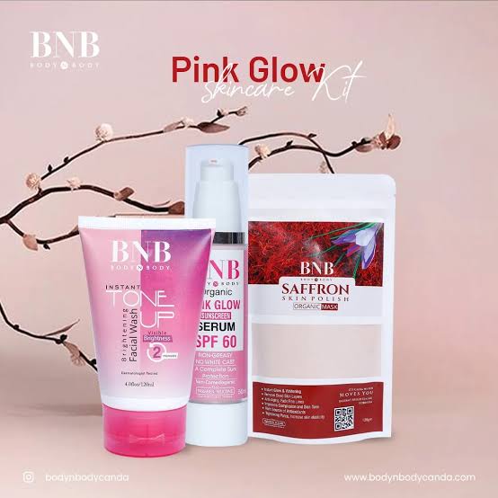BNB Pink Glow Kit Face Korean Organic Brightening 3in1 Toneup Facewash + Safron Mask + SPF 60 Serum